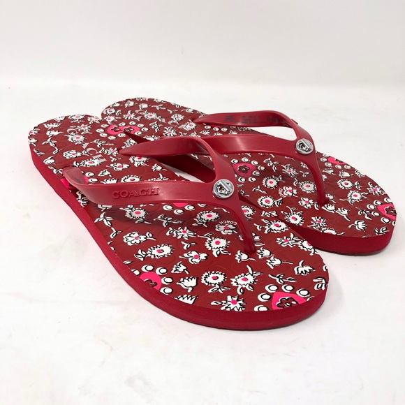 Coach Abbigail Flip Flops Sandals Red Floral 9 - Picture 5 of 8